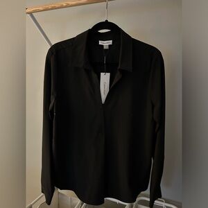 NWT Calvin Klein Long Sleeve V-Neck Collared Shirt Black Size Large